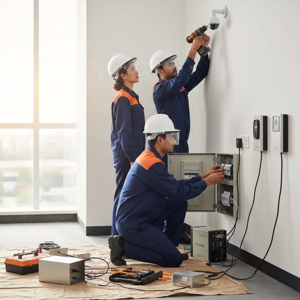 Technician installing security and electrical systems