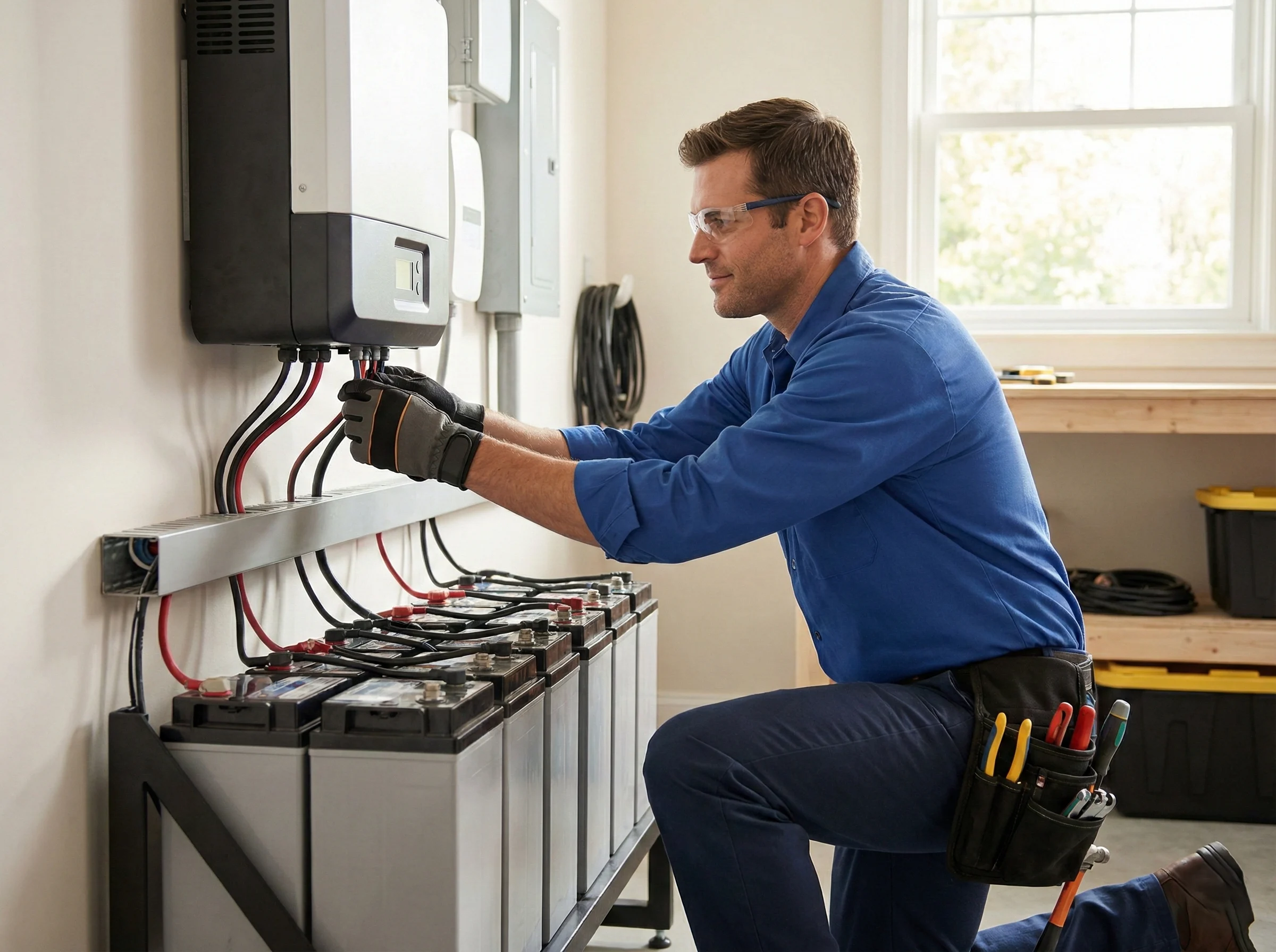Technician checking battery water level